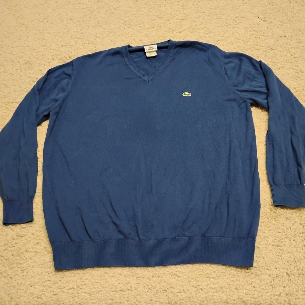 Lacoste Sweater Mens 7 XXL 2XL Blue Classic Cotton Lightweight Pullover V Neck